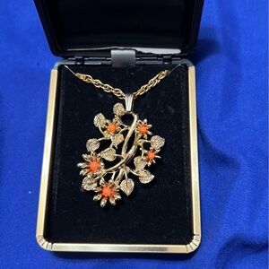 Gold-Tone Floral Pendant Necklace with Orange Accents